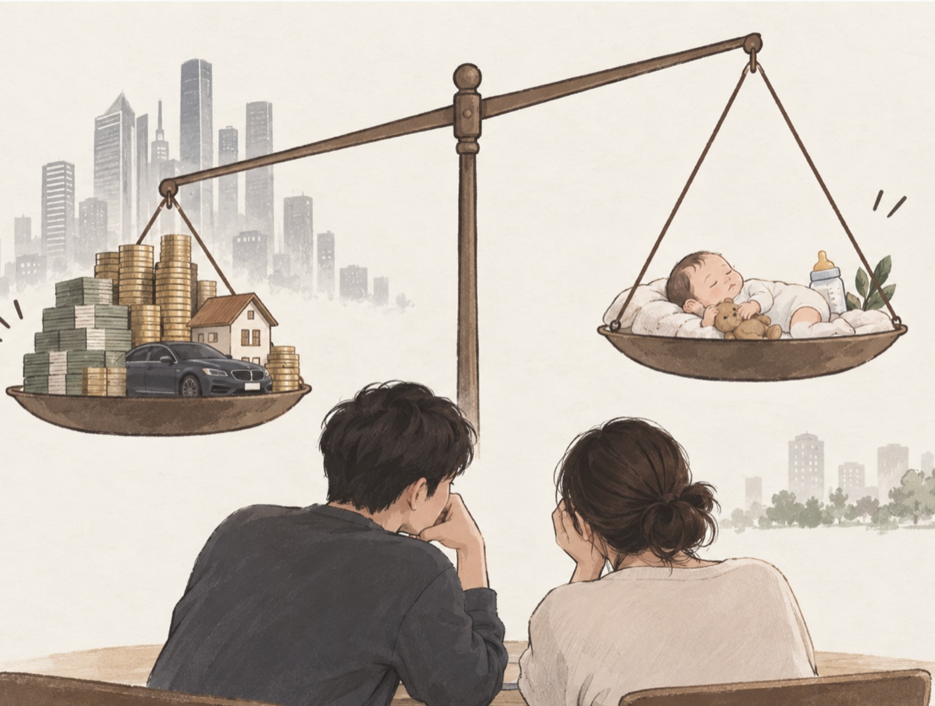 Warm hand-drawn illustration of a couple facing a scale: wealth, a house, and a car on one side, and a sleeping baby on the other